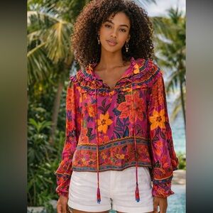 NWT FARM Rio Tropical Tapestry Long Sleeve Ruffle Floral Blouse